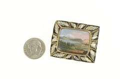 14K Yellow Gold Victorian Mount Valley Hand Painted Enamel Pin/Brooch