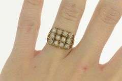 14K Yellow Gold Retro Squared Sim Pearl Cluster Statement Ring