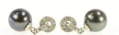14K White Gold 5.6mm Round Black Pearl Diamond Dangle Earrings