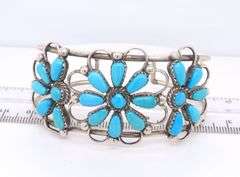 Vintage 925 Sterling Silver Signed Turquoise Flower Style Cuff Bangle