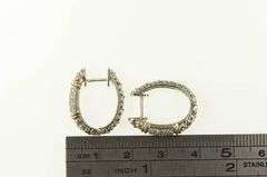 Sterling Silver Two Tone Pave Diamond Oval Hoop Earrings