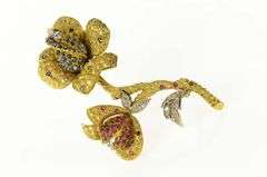 18K Yellow Gold 1960's Pave Sapphire Ruby Diamond Flower Pin/Brooch