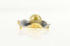 18K Yellow Gold Designer Pearl Diamond Lily Pad Leaf Pendant/Pin
