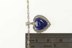 10K White Gold Heart Syn. Sapphire Diamond Halo Chain Necklace