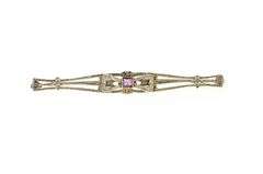 10K White Gold Art Deco Princess Amethyst Etched Bow Bar Pin/Brooch