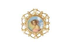 14K Yellow Gold Ornate Victorian Painted Lady Pearl Scroll Pendant/Pin