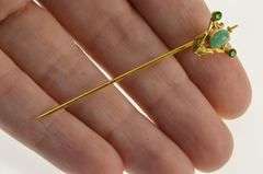 14K Yellow Gold Art Deco Turquoise Syn. Emerald Ornate Stick Pin