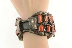 Sterling Silver Navajo Coral Jerry Wilma Begay Watch Cuff Bracelet