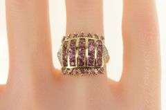 10K Yellow Gold Squared Pink Topaz Ornate Diamond Cluster Ring