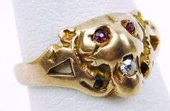 Antique 9K Gold Lion Ring with Gemstones, Size 5.75
