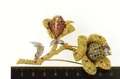 18K Yellow Gold 1960's Pave Sapphire Ruby Diamond Flower Pin/Brooch