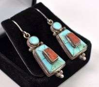 Sterling Silver Turquoise and Coral Dangle Earrings