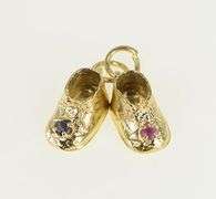 14K Yellow Gold 3D Ruby Sapphire Baby Shoe Booties Charm/Pendant