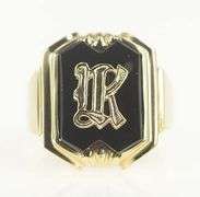 10K Yellow Gold Retro Black Onyx K Monogram Squared Signet Ring