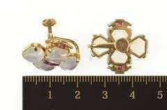 14K Yellow Gold 1930's Moonstone Ruby Clover Screw Back Earrings