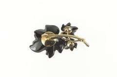 14K Yellow Gold Black Bakelite Diamond Leaf Cluster Retro Pin/Brooch