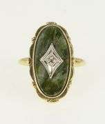 10K Yellow Gold Diamond Oval Green Stone Statement Ring