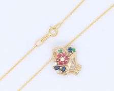 Amazing Yellow Gold Multi Gemstone Basket of Flowers Pendant on Chain