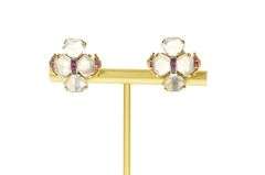 14K Yellow Gold 1930's Moonstone Ruby Clover Screw Back Earrings