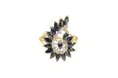 14K Yellow Gold Marquise Natural Sapphire Diamond Swirl Ring