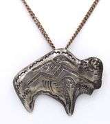 Vintage 925 Sterling Silver Buffalo Pendant Brooch on Chain Necklace
