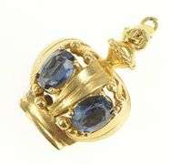 14K Yellow Gold 1950's 3D Syn. Sapphire Crown Queen King Charm/Pendant