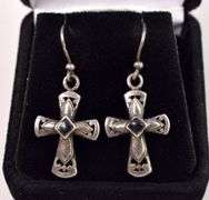 Sterling Silver Cross Black Onyx Dangle Earrings