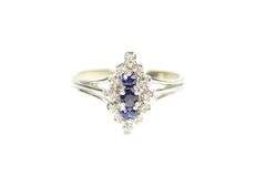 14K White Gold Marquise Sapphire Diamond Halo Cluster Ring
