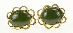 14K Yellow Gold Oval Nephrite Cabochon Retro Stud Earrings