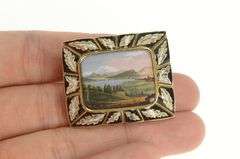 14K Yellow Gold Victorian Mount Valley Hand Painted Enamel Pin/Brooch