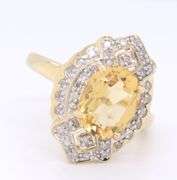Gorgeous Yellow Gold Oval Yellow Quartz in Diamond Deco Style Setting