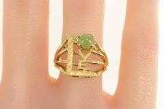 14K Yellow Gold Retro Jadeite Love Word Ornate Statement Ring