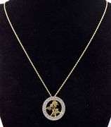 Astounding 14K Yellow Gold Diamond Rose Circle Pendant Necklace