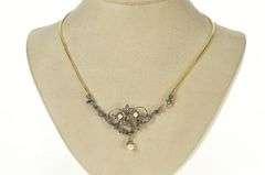 14K Yellow Gold Edwardian Diamond Pearl Scroll Pendant Necklace