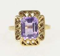 14K Yellow Gold Emerald Cut Amethyst Lattice Filigree Ring