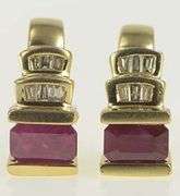 14K Yellow Gold 2.00 Ctw Emerald Cut Ruby Diamond Stud Earrings