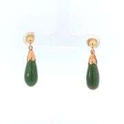 10K Yellow Gold Nephrite Tear Drop Dangle Vintage Statement Earrings