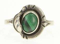 Sterling Silver Taxco Malachite Cabochon Leaf Statement Ring