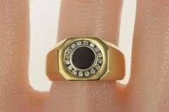 14K Yellow Gold Onyx Diamond Halo Squared Men's Statement Ring