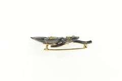 14K Yellow Gold Black Bakelite Diamond Leaf Cluster Retro Pin/Brooch