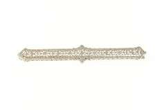 14K White Gold Art Deco Ornate Leaf Filigree Bar Pin/Brooch
