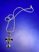 GORGEOUS 8.47 CT SAPPHIRE CROSS PENDANT WITH EMERALD AND RUBY ACCENT STONES