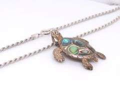 Vintage 925 Sterling Silver Abalone Turtle Pendant on Italian Chain Necklace