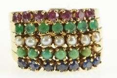 14K Yellow Gold 1960's Layered Emerald Ruby Sapphire Band Ring