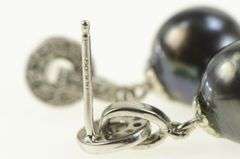 14K White Gold 5.6mm Round Black Pearl Diamond Dangle Earrings