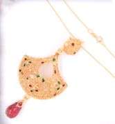 Remarkable 21kt Red and Green Enamel Pendant on Chain with Matching Dangle Earrings