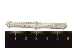 14K White Gold Art Deco Ornate Leaf Filigree Bar Pin/Brooch