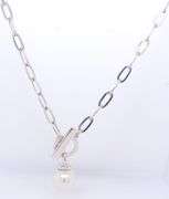 925 Sterling Silver Pearl Pendant on Paper Clip Link Chain