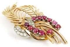 Incredible 18K Gold Rubies & Diamonds Early Fur Clip