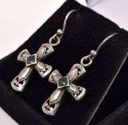 Sterling Silver Cross Black Onyx Dangle Earrings